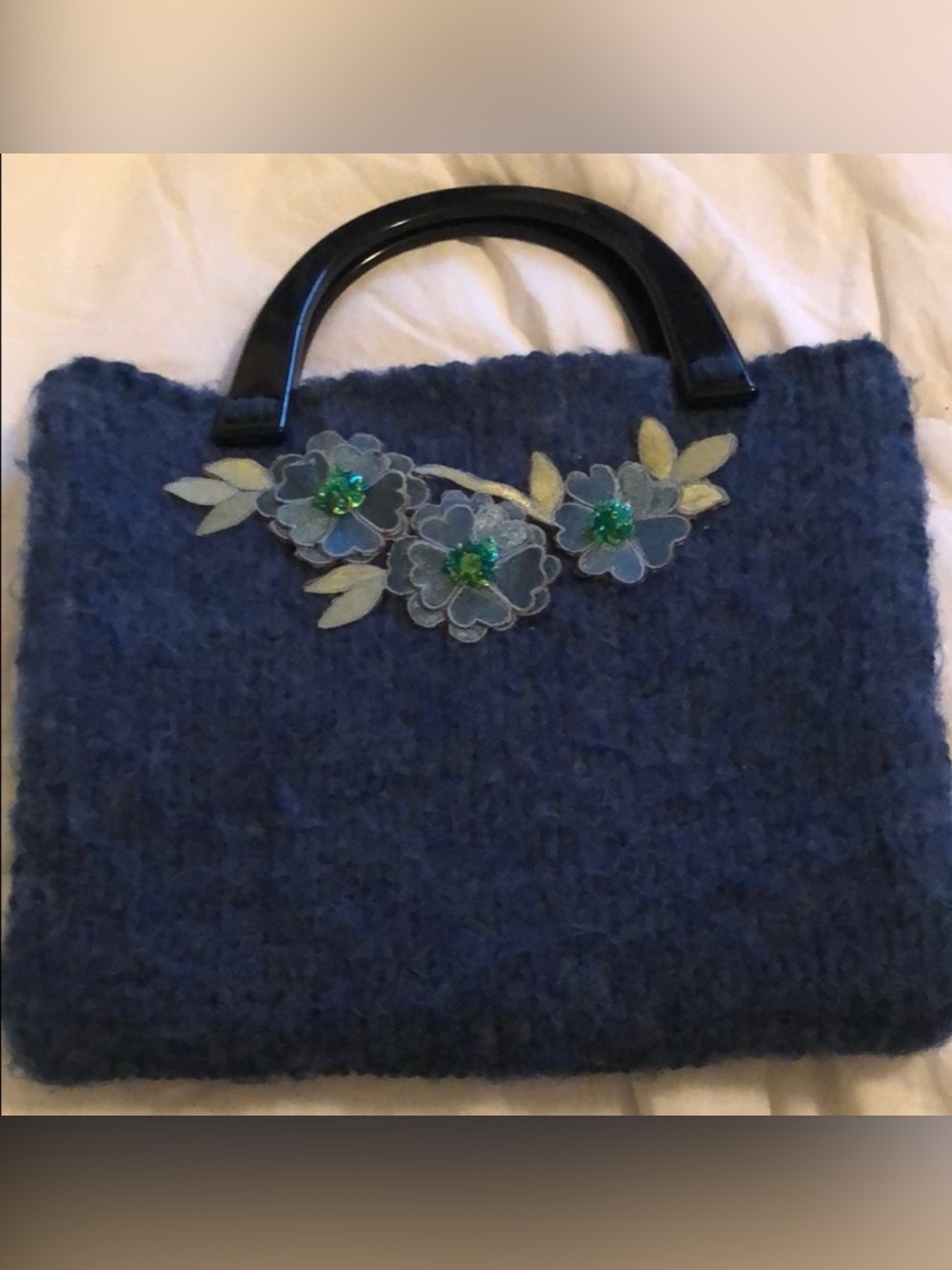 Vintage blue felted wool tote handbag featuring a double handle and she
